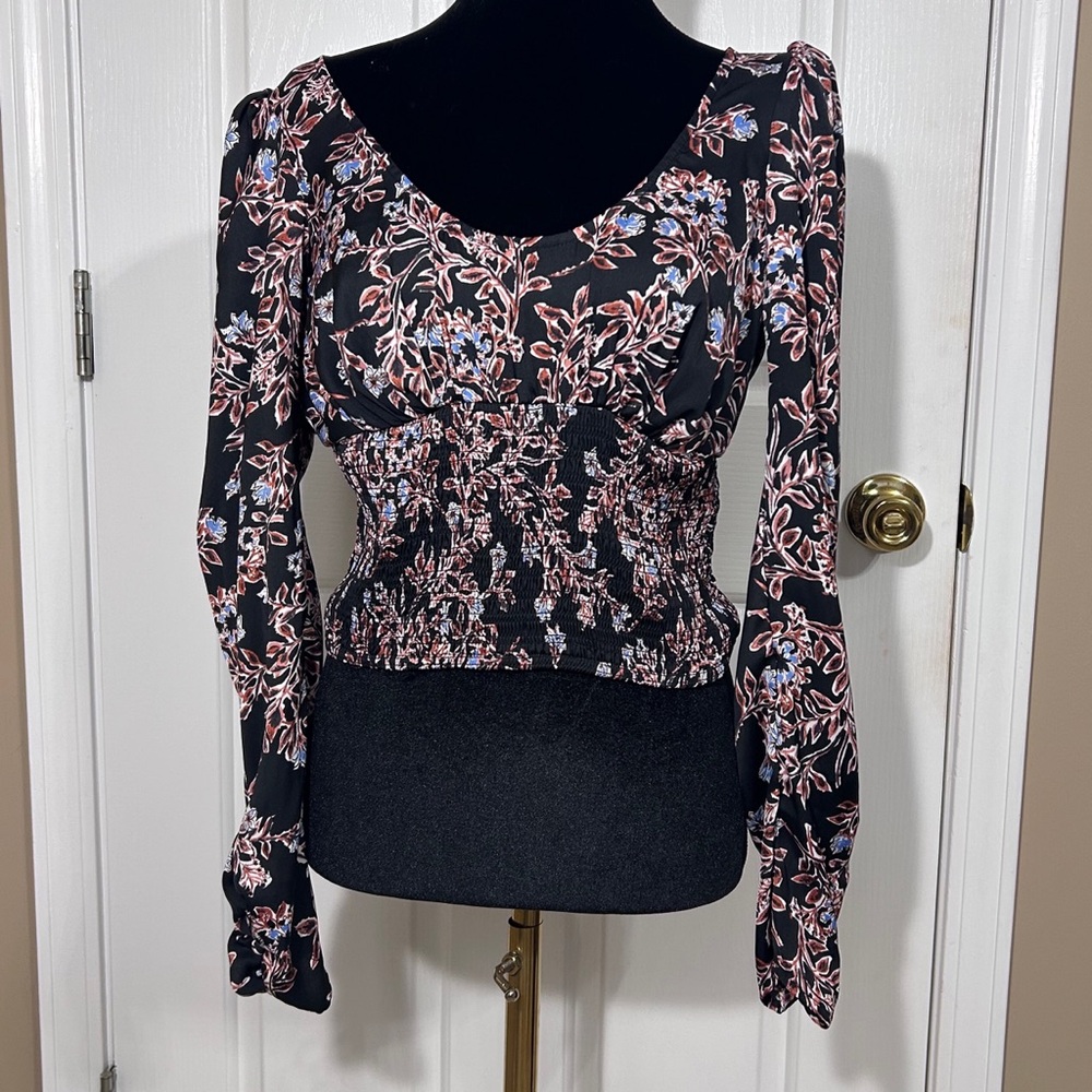 Free People Black Floral Smocked Waist Long-Sleeve Blouse